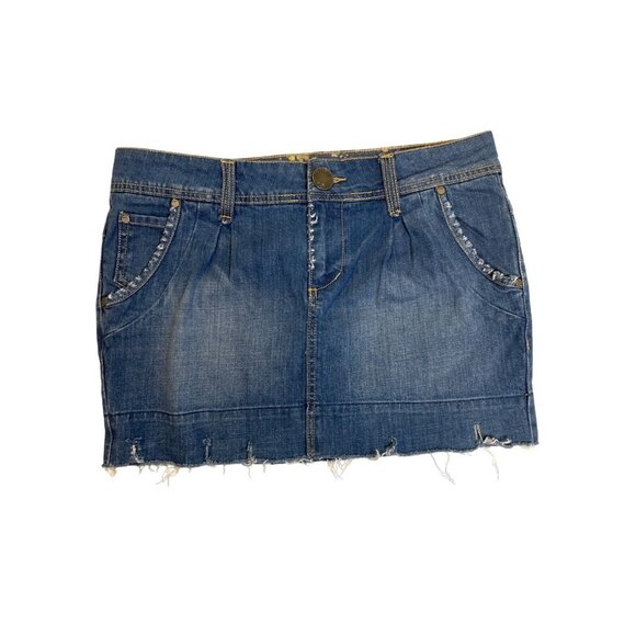 Vintage Route 66 Medium Wash Blue Low Rise Denim Skirt Cutoff Y2K Grunge Sz M - Picture 1 of 6